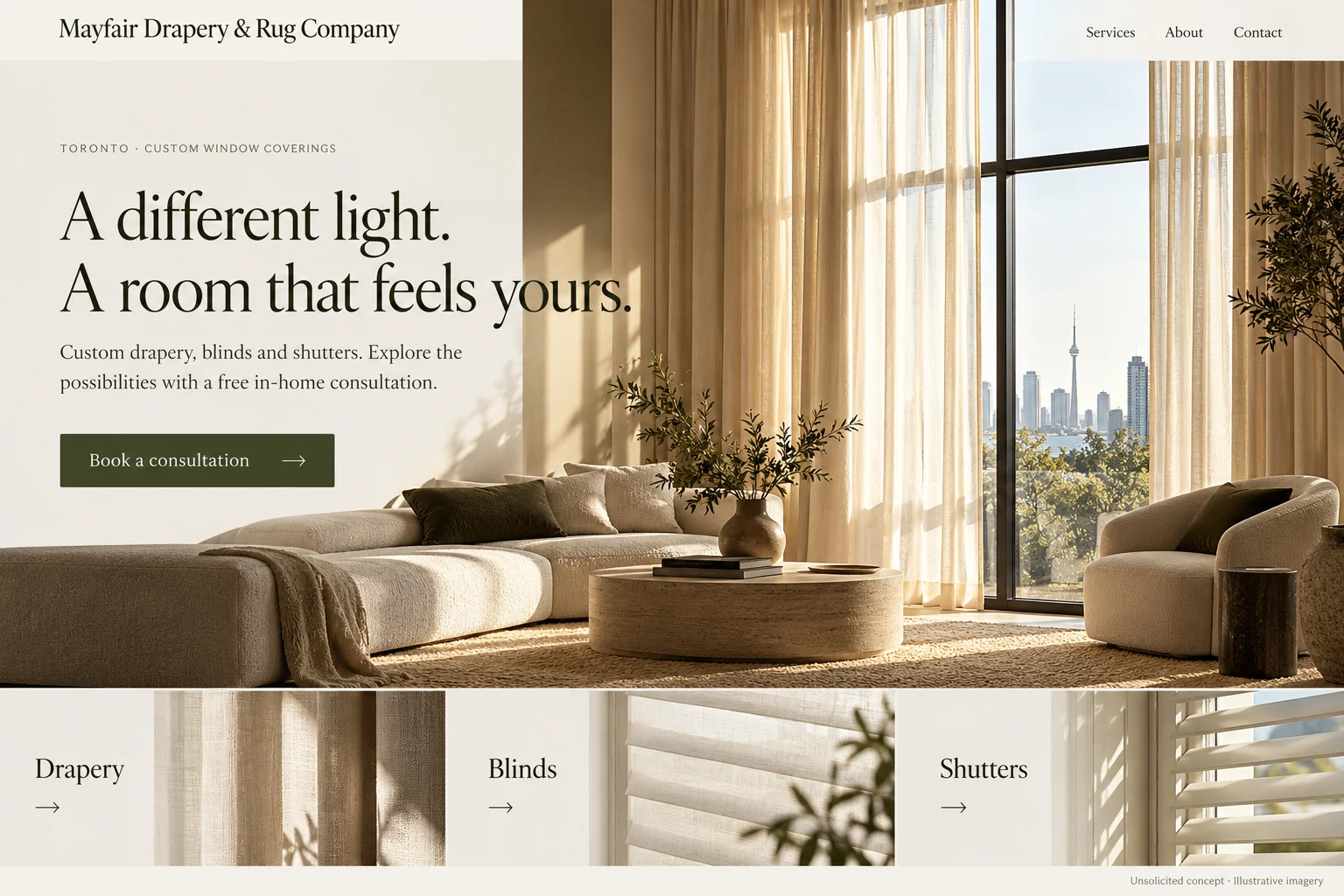 Mayfair Drapery & Rug Company unsolicited opening-section concept; imagery illustrative