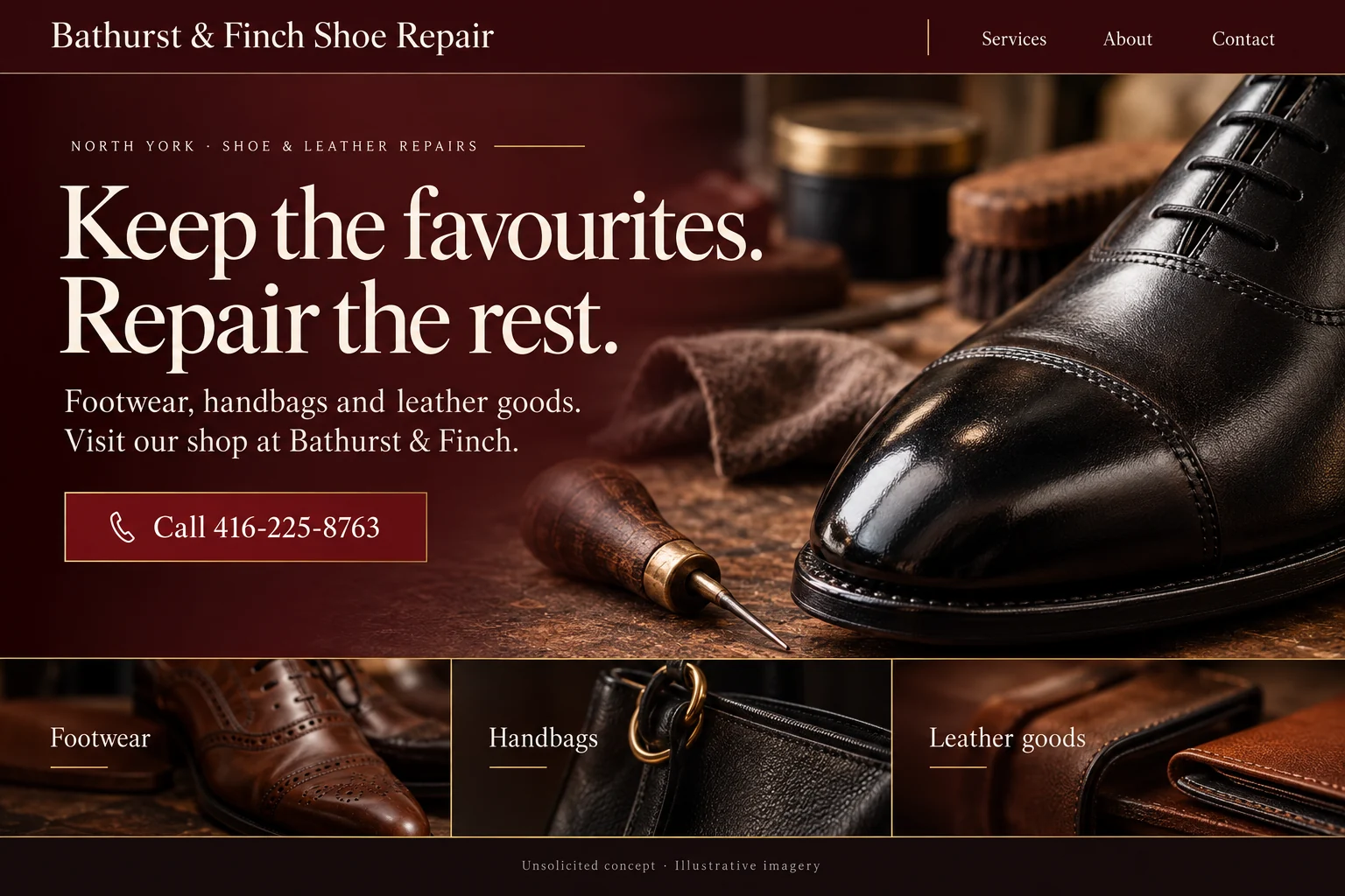 Bathurst & Finch Shoe Repair unsolicited opening-section concept; imagery illustrative