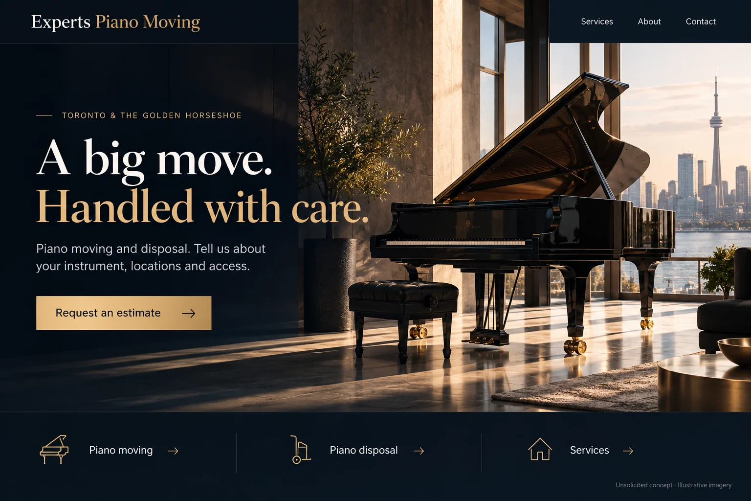 Experts Piano Moving unsolicited opening-section concept; imagery illustrative