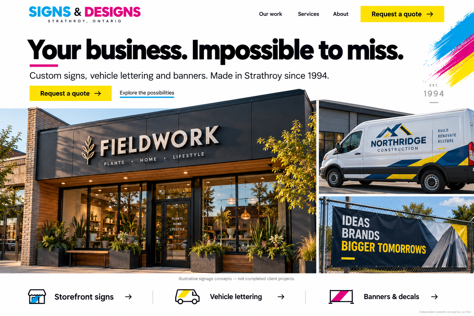 Signs and Designs redesigned website concept; signage imagery illustrative