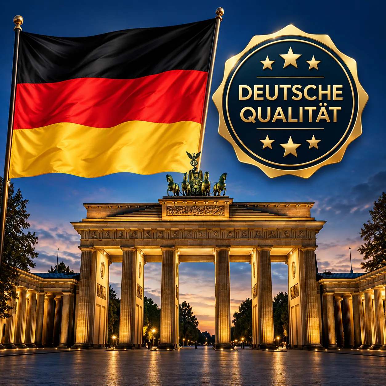 Deutsche Qualität, drapeau allemand et Porte de Brandebourg