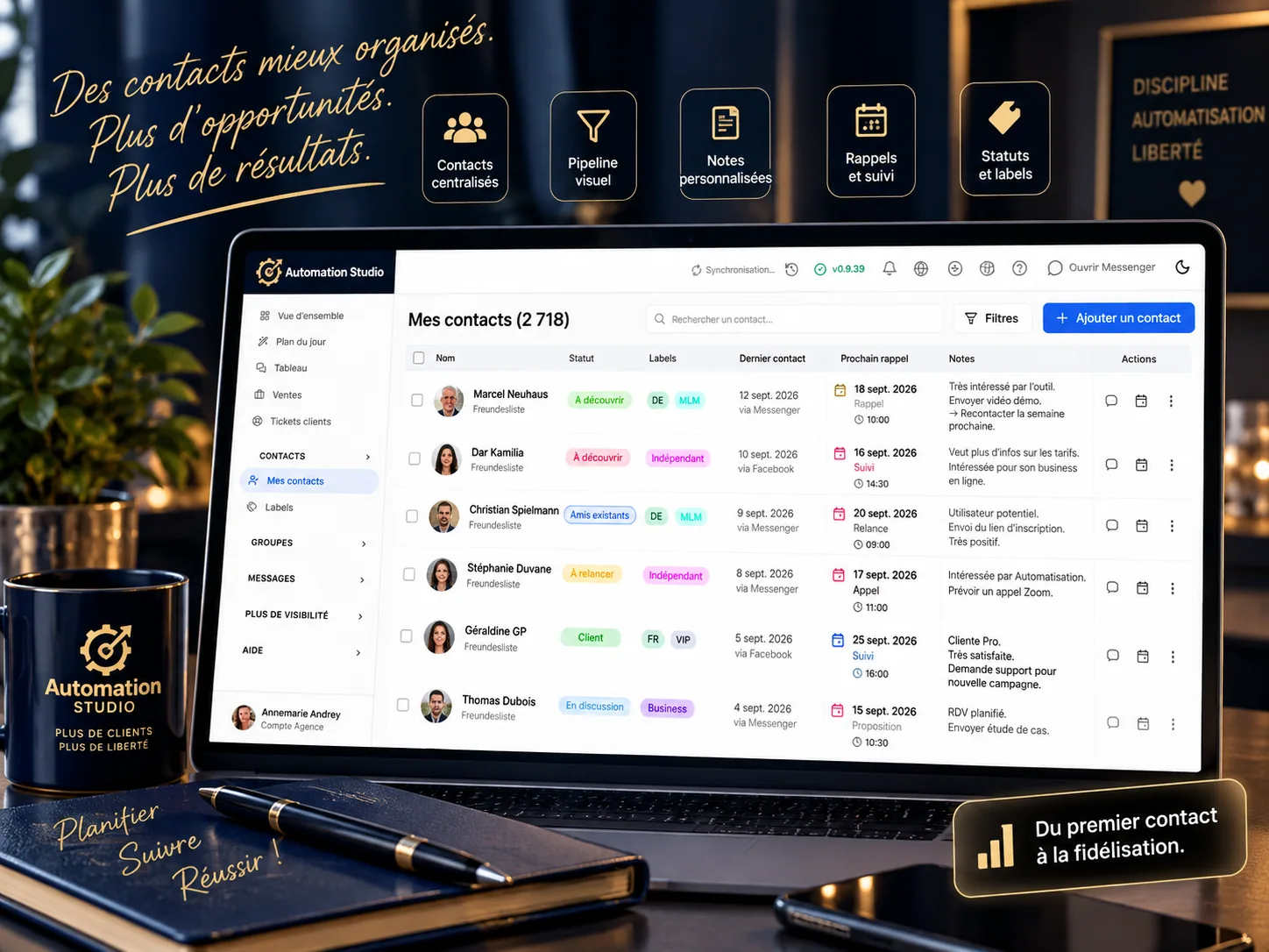 CRM Automation Studio avec labels, notes, statuts et rappels