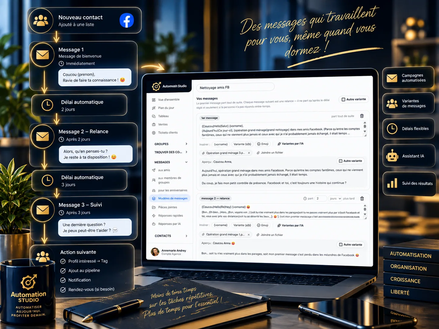 Messages, variantes et relances automatiques dans Automation Studio