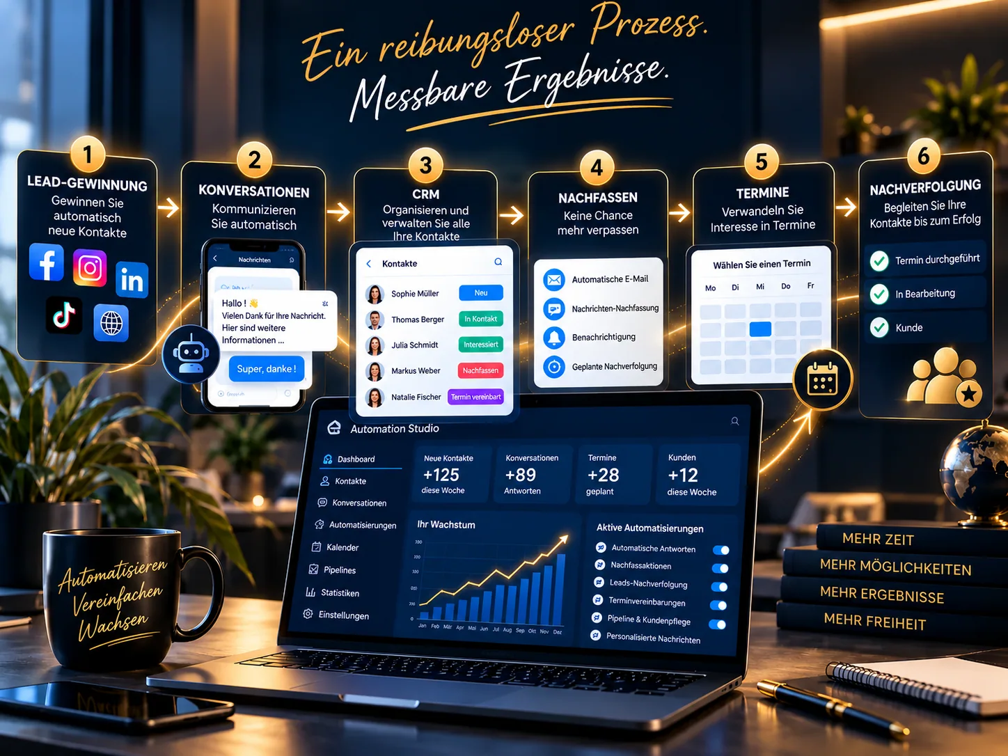Automation-Studio-Prozess von der Akquise über Gespräche, CRM und Follow-ups bis zu Terminen und Kundenbetreuung