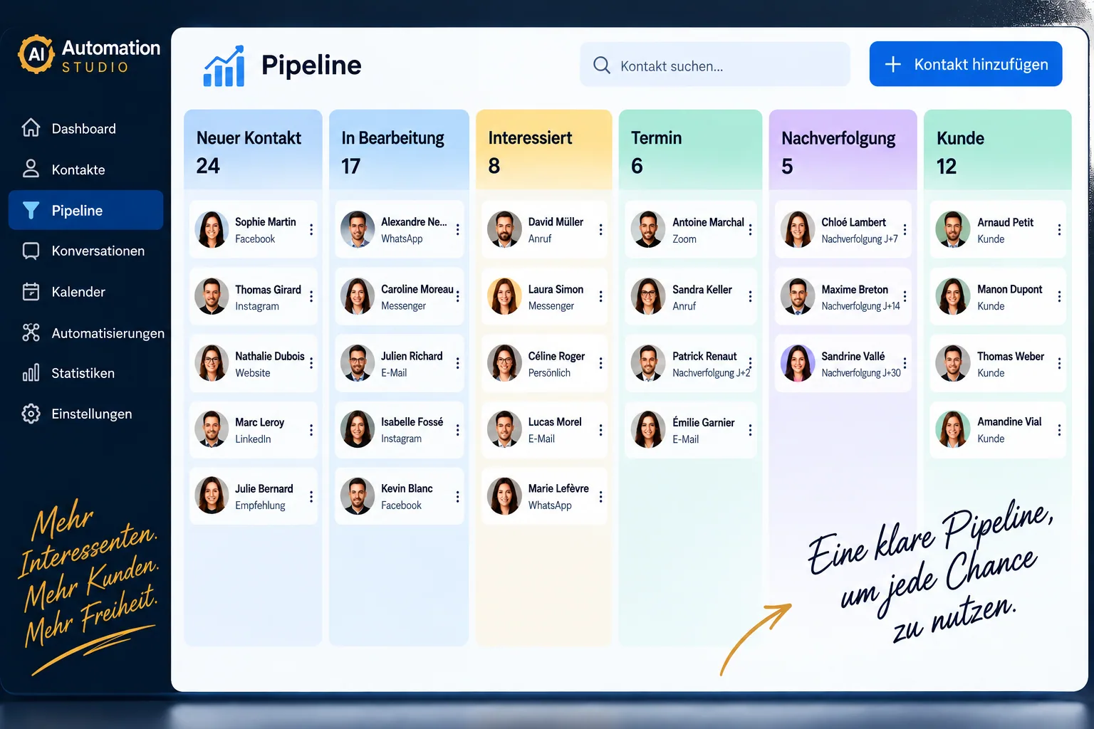 Automation Studio CRM-Pipeline mit Kontakten nach Prozessphase