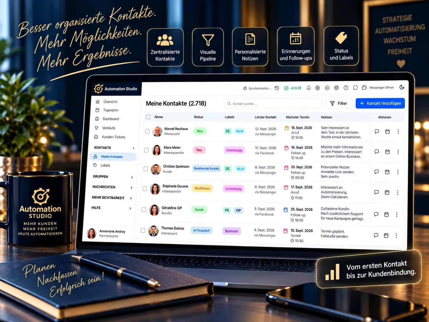 Automation Studio CRM mit Kontakten Labels Status Notizen und Erinnerungen