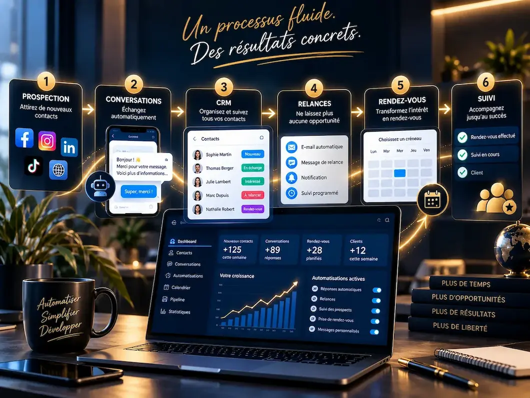 Processus Automation Studio de la prospection aux conversations, CRM, relances, rendez-vous et suivi