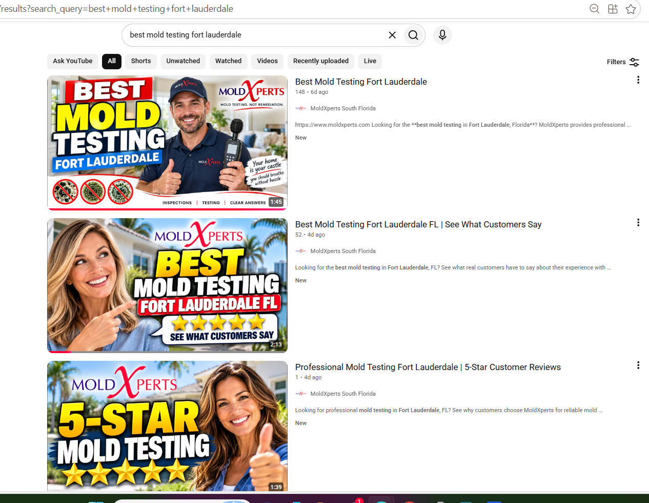 YouTube search results showing a Top Ranked Video client ranking in the top spots for "Best Mold Testing Fort Lauderdale"
