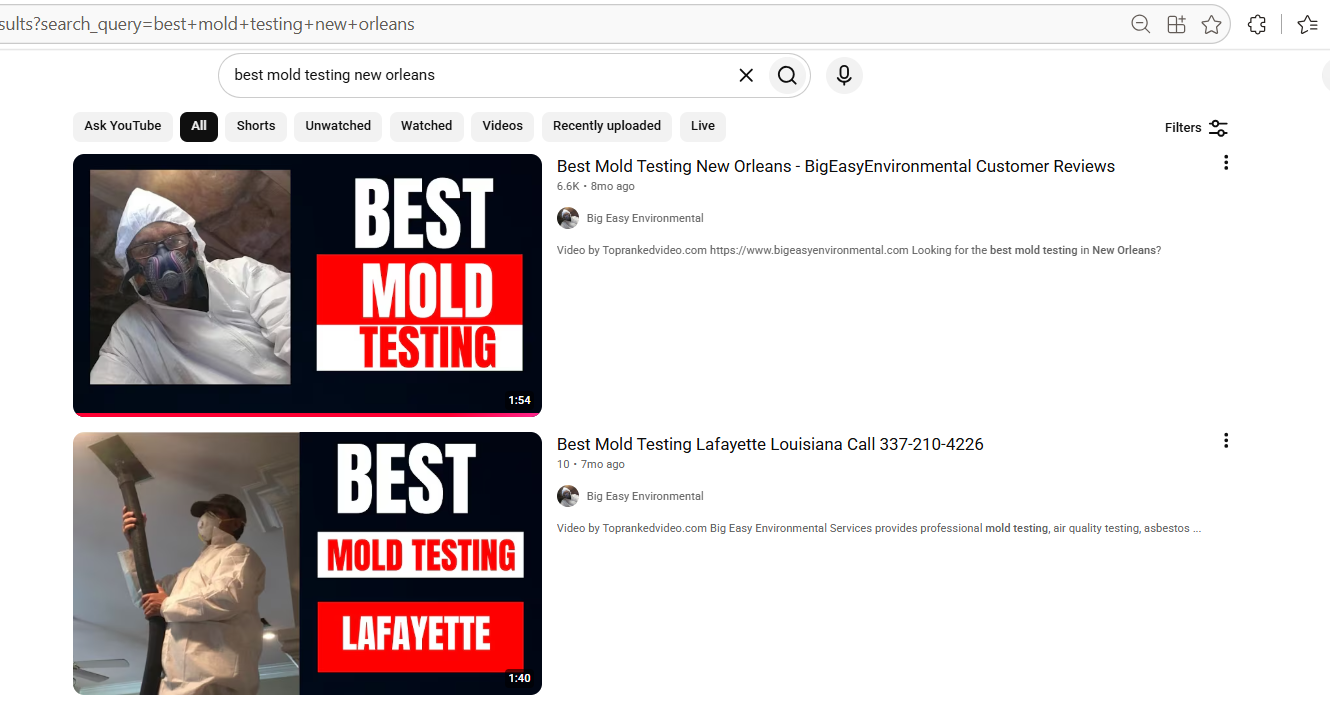YouTube search results showing a Top Ranked Video client ranking #1 for "Best Mold Testing New Orleans"