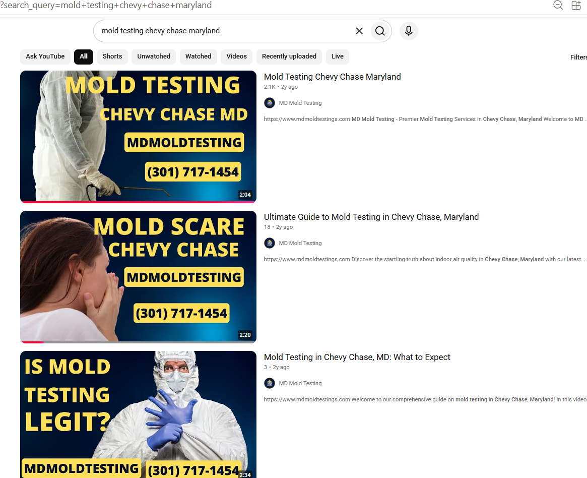 YouTube search results showing a Top Ranked Video client ranking in the top spots for local mold testing in Chevy Chase, Maryland