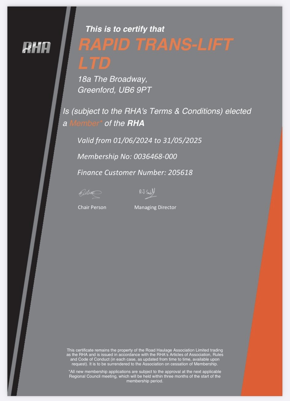 RHA membership certificate — Rapid Translift Ltd