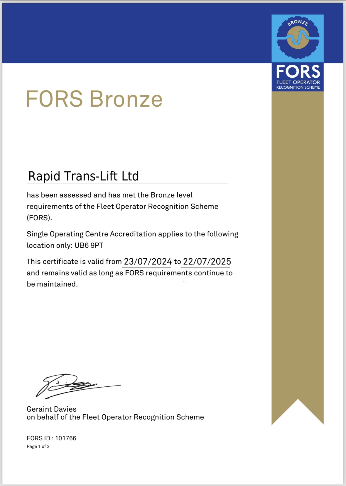 FORS Bronze certificate — Rapid Translift Ltd