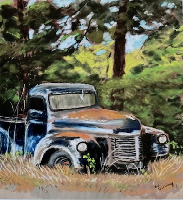 Watercolor painting of junked car by Carol Hilleary at Gallery Eleven.