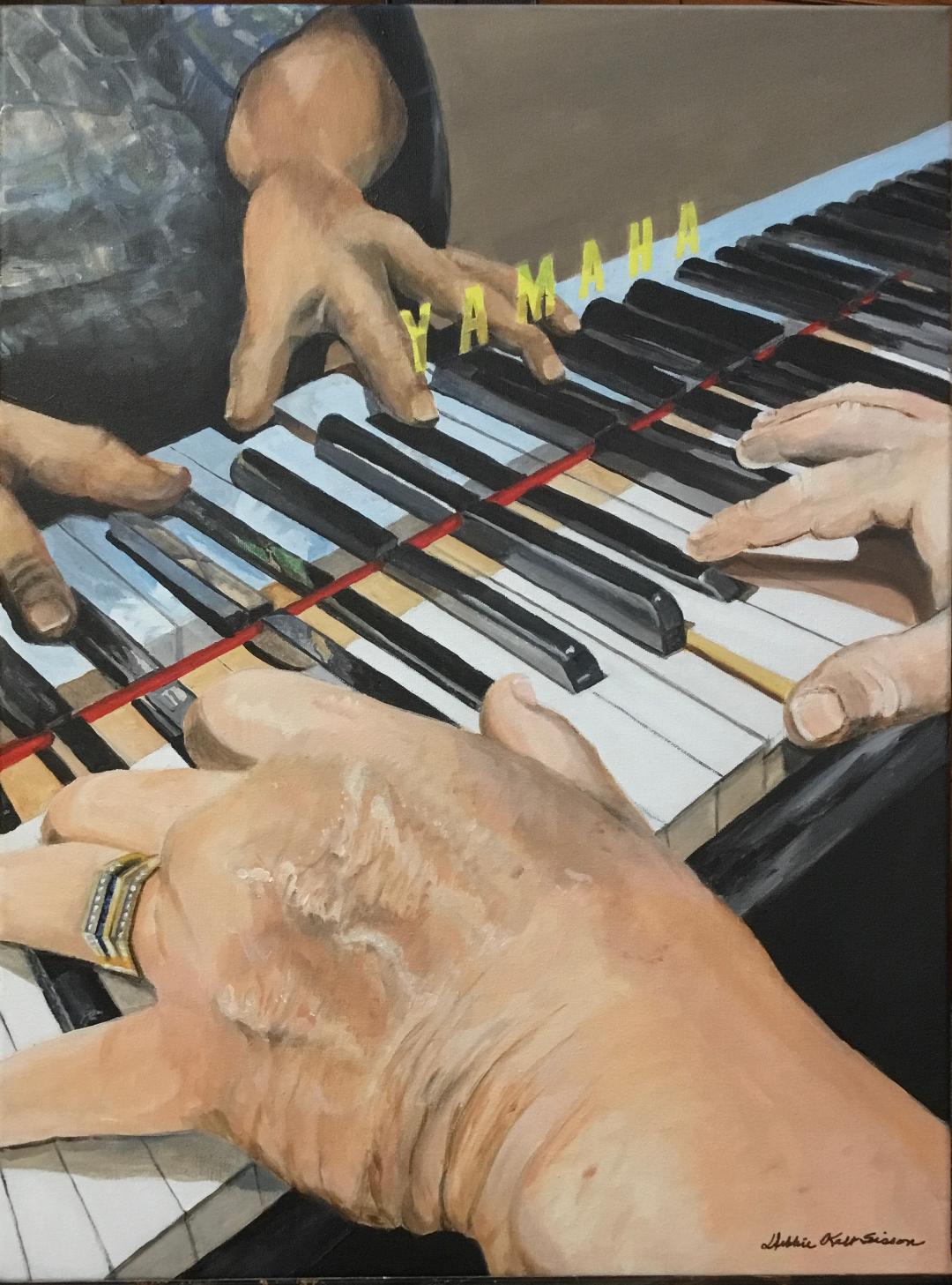 Reflected Hands on Baby Grand Piano, watercolor by Debbie Sisson at Gallery Eleven, Charleston WV