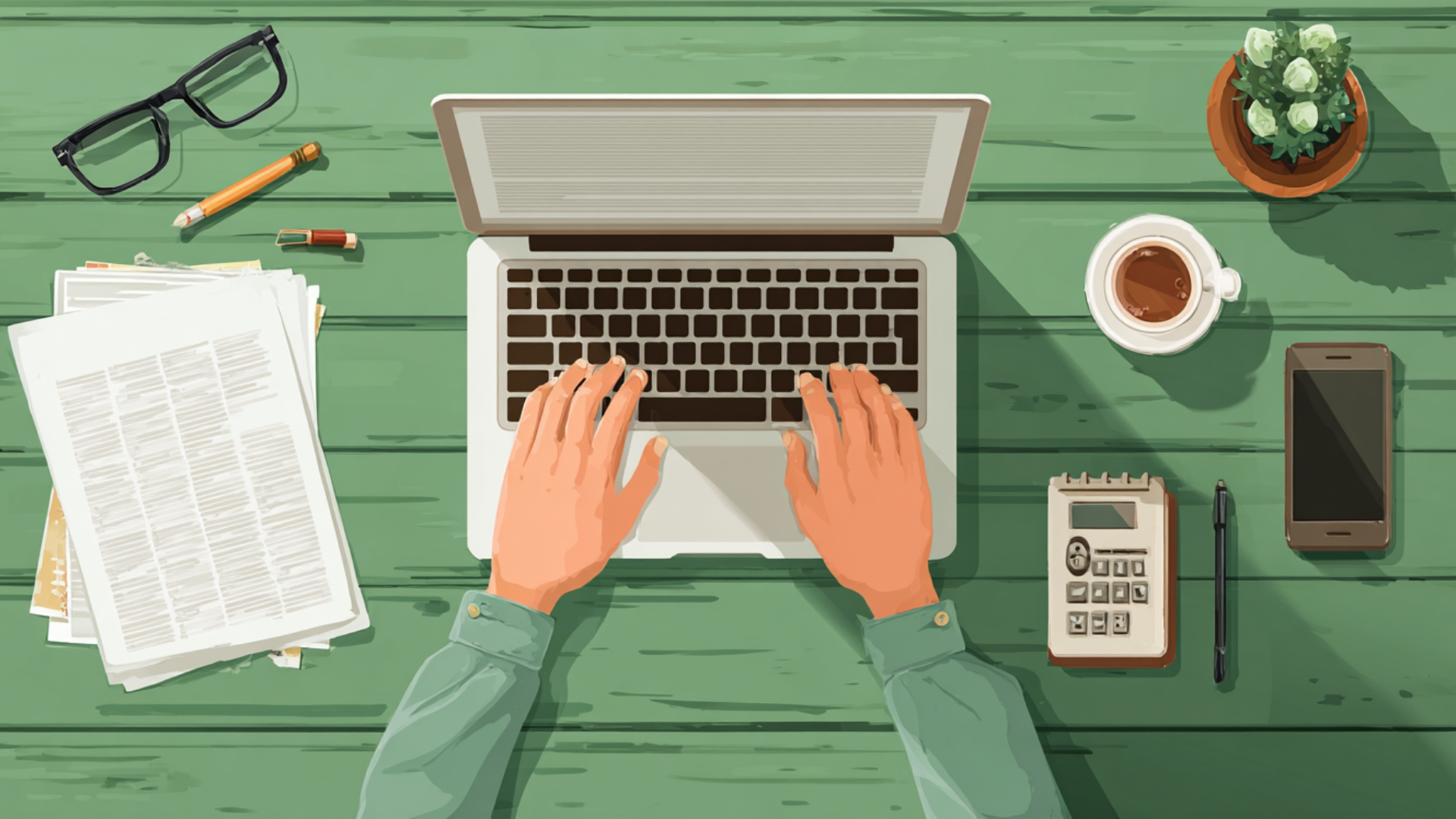 Top view illustration of hands typing on laptop with paperwork, calculator, coffee, phone, and desk items