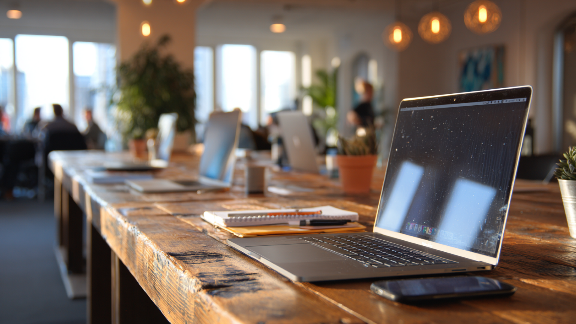 Laptop and notebook on a long wooden table in a shared workspace with team activity in the background