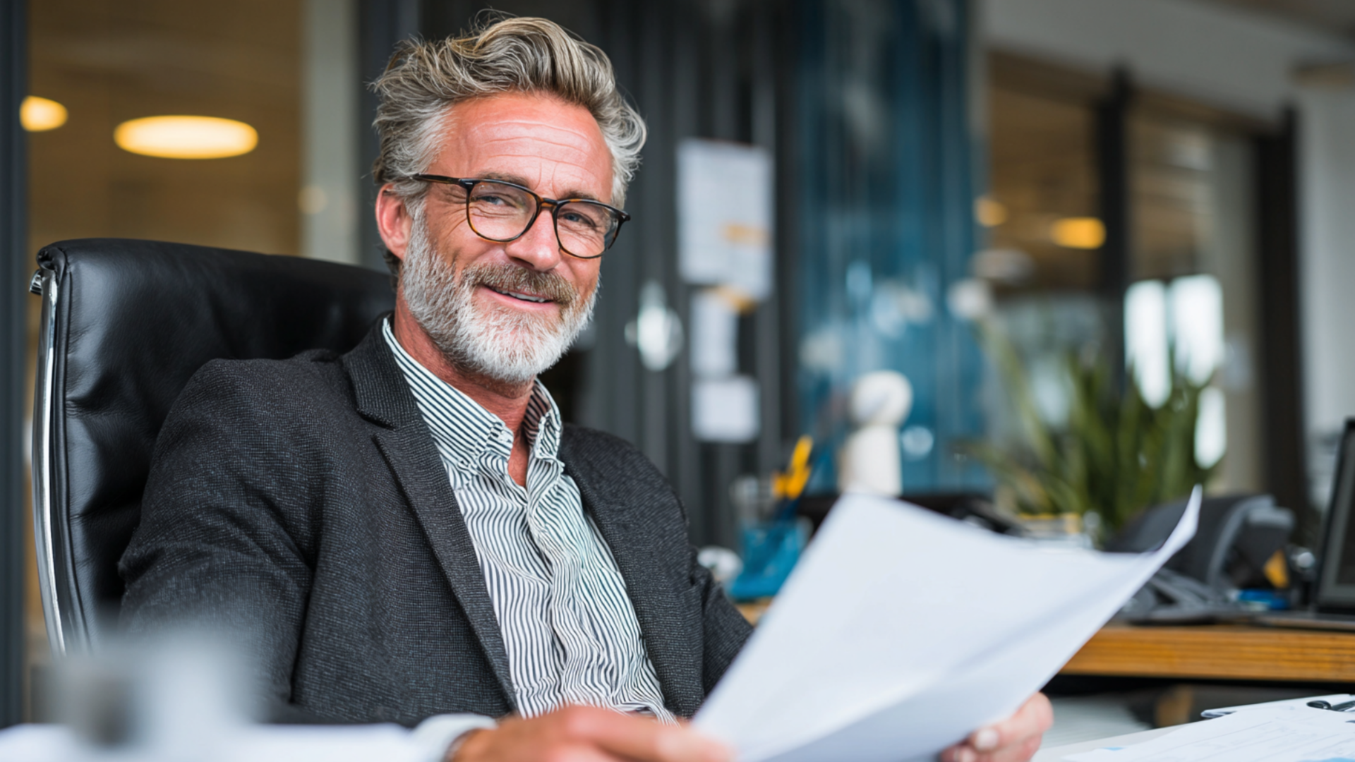 Smiling business owner standing in an office near a computer workstation