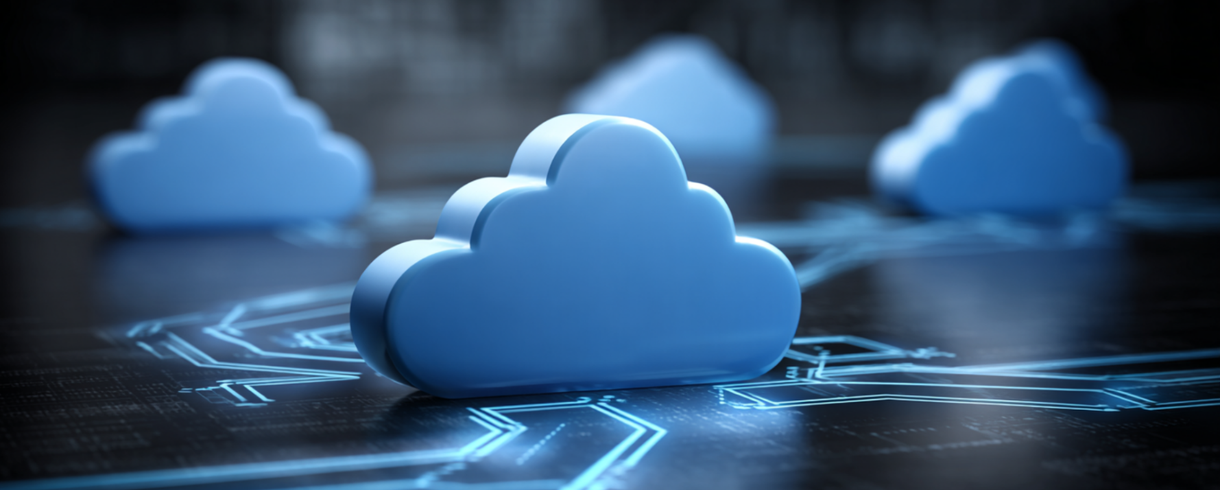 Blue cloud icons sitting on a digital circuit surface representing connected cloud infrastructure