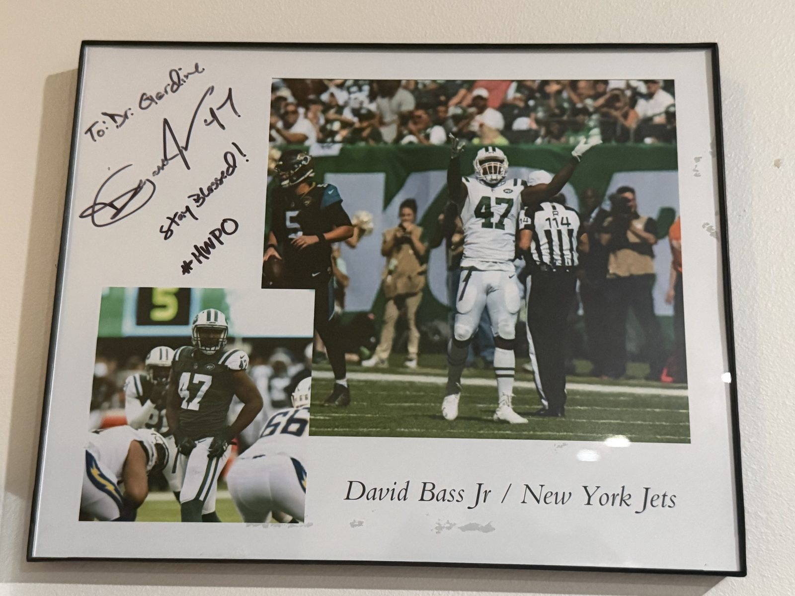 Signed David Bass Jr. New York Jets photo addressed to Dr. Gerdine