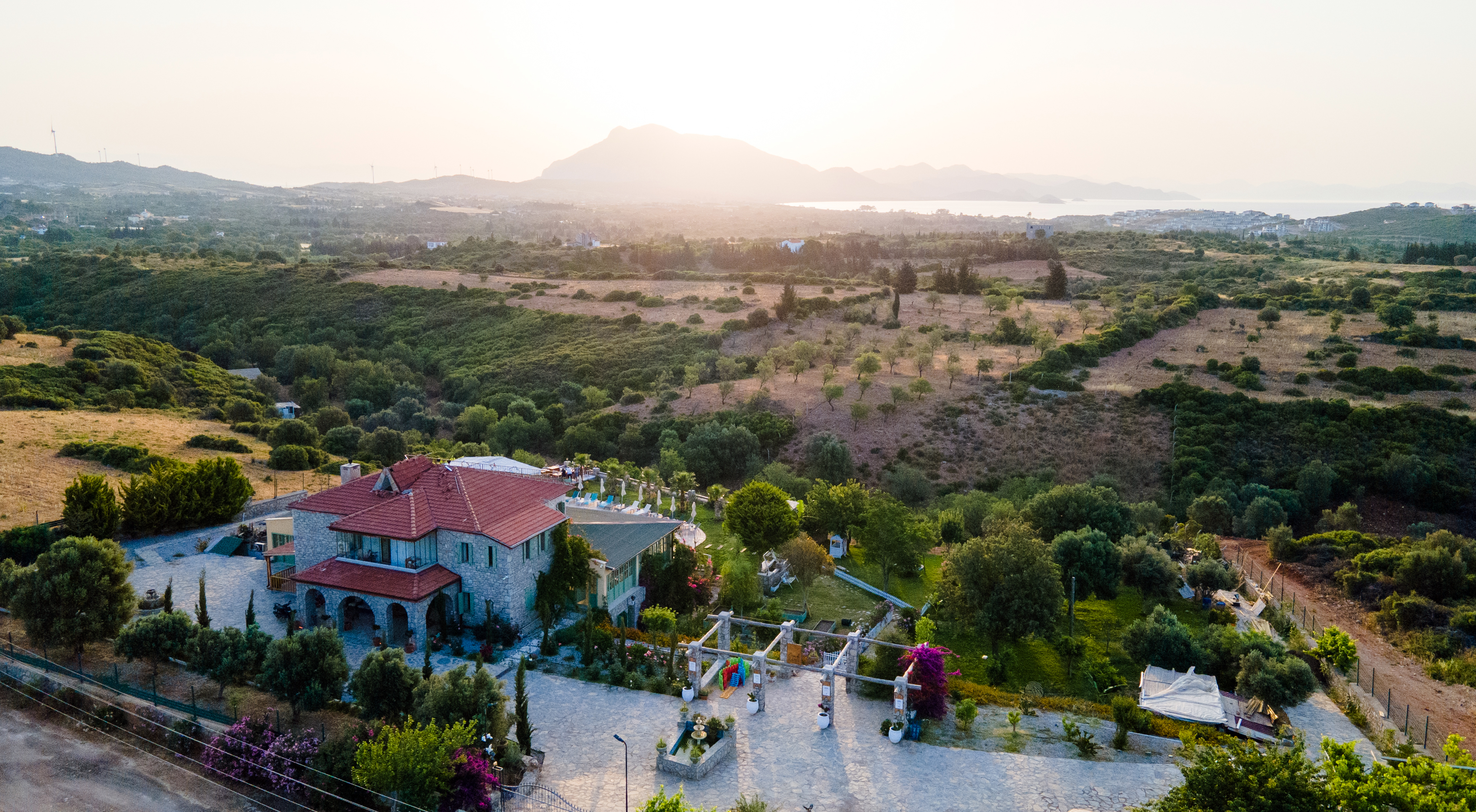 Hava görünümü — zeytinlik içinde taş konak