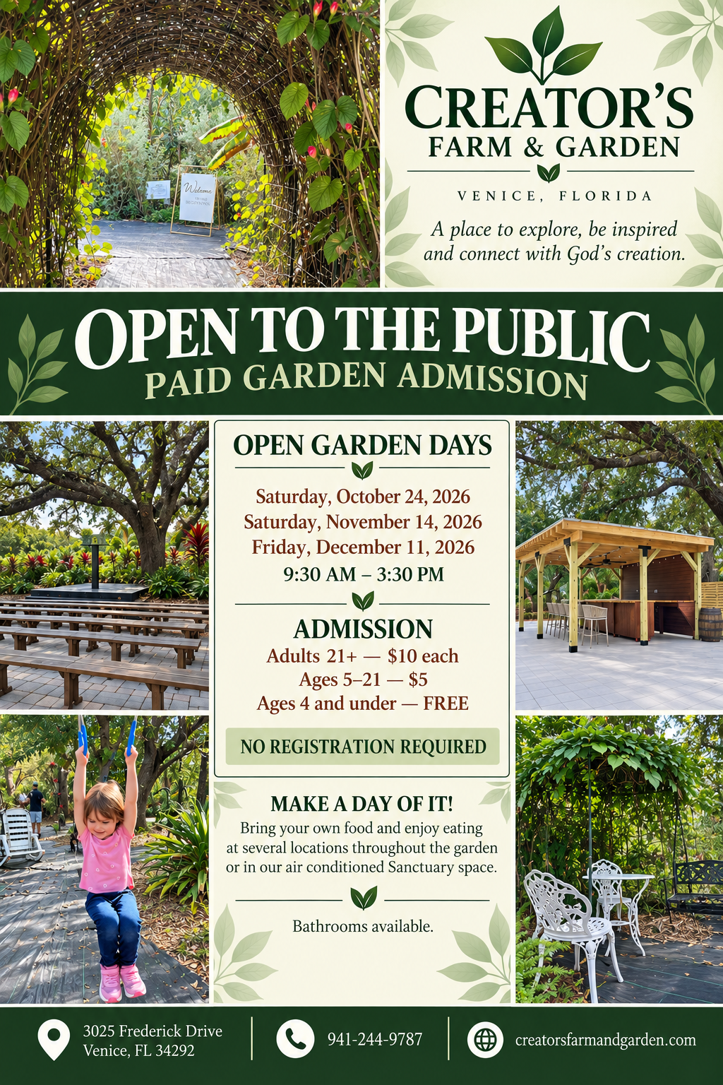 Shaded garden paths at Creator's Farm & Garden, a garden event venue in Venice, FL