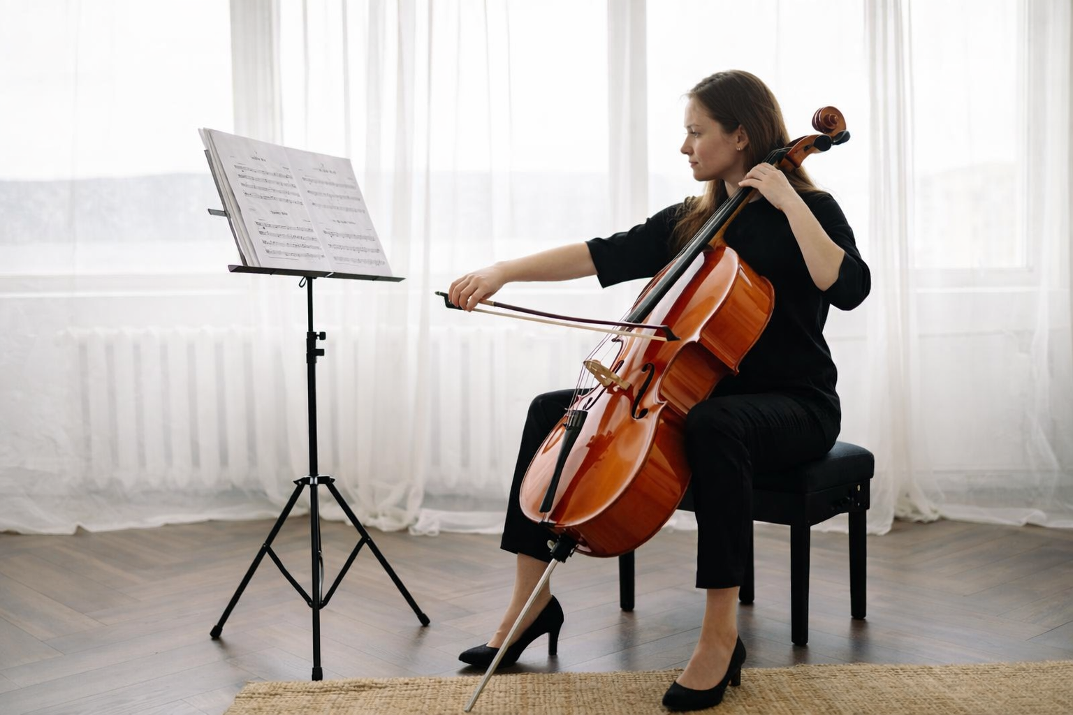 female orchestra musician practicing calmly
