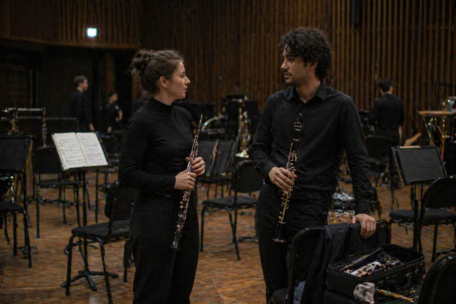 Two orchestra colleagues talking quietly after rehearsal while putting instruments away