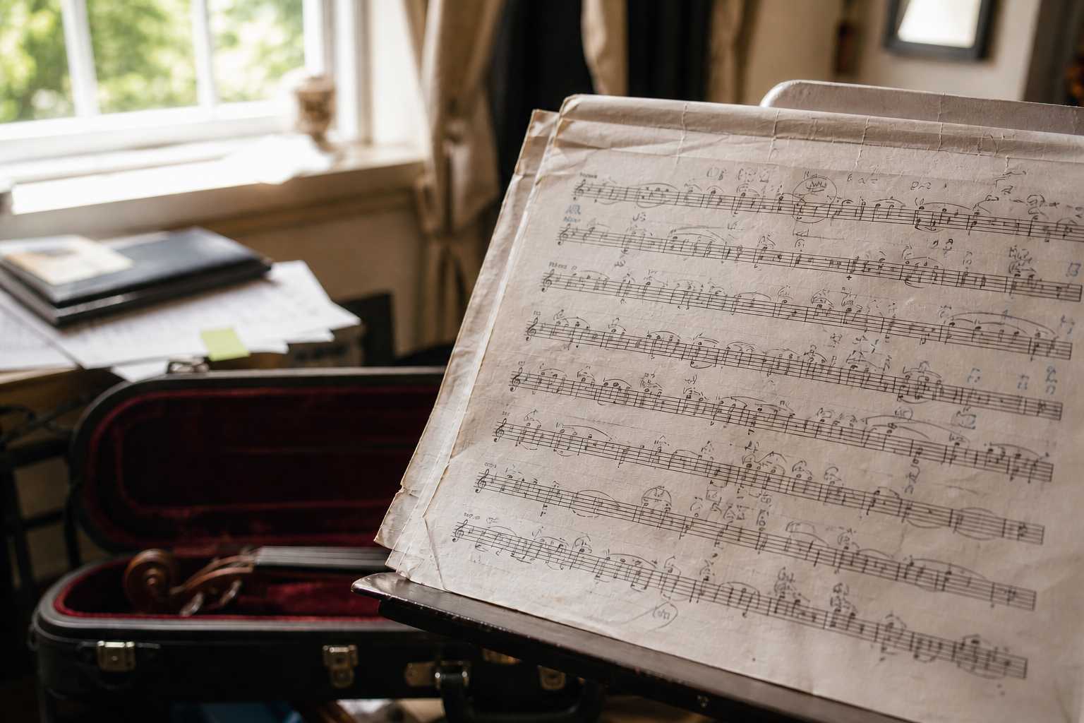 Marked orchestral part resting on a music stand in a quiet practice room