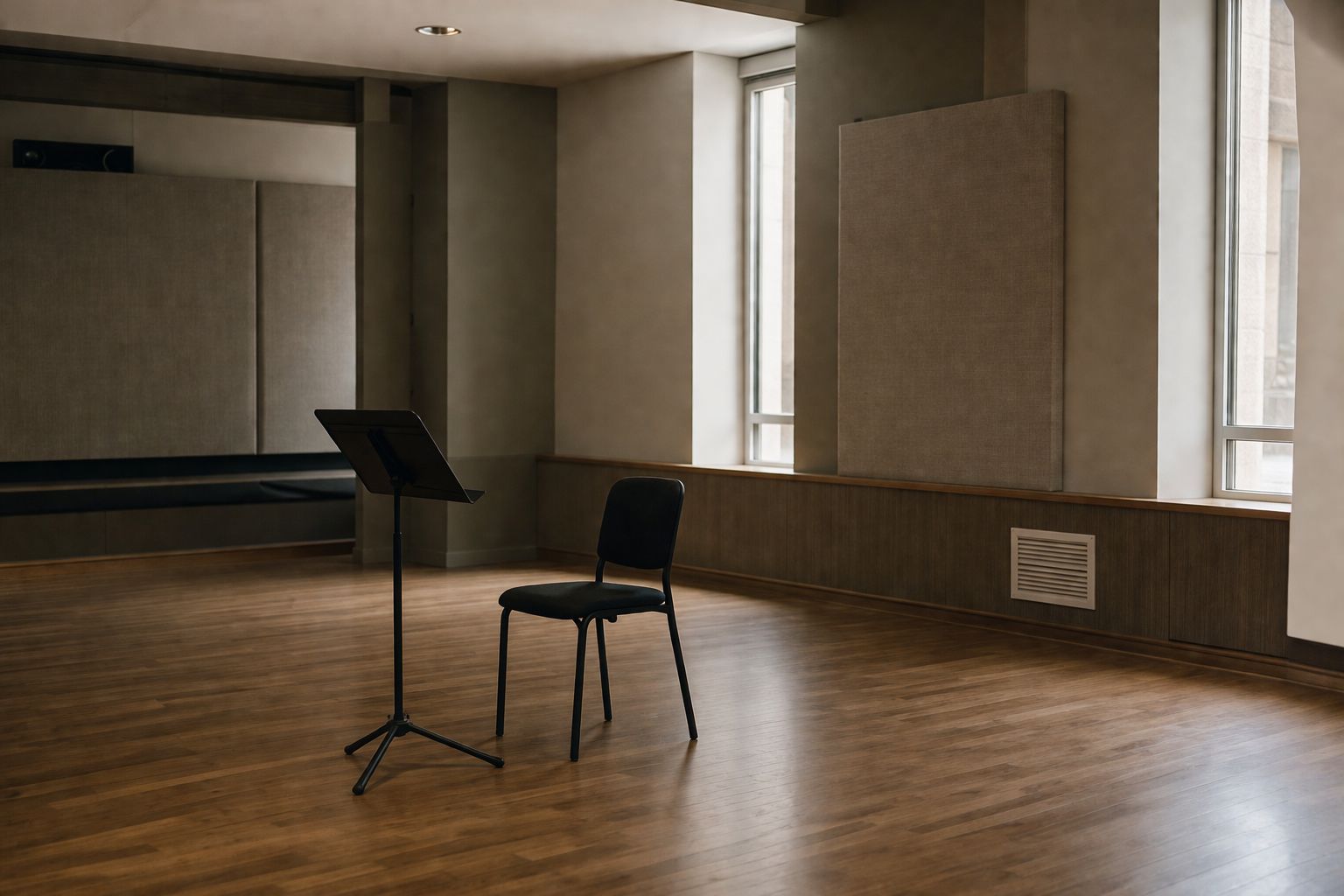Empty audition room with one chair and music stand facing a panel table