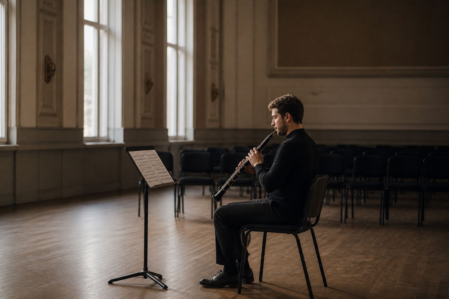 Musician rehearsing alone in a hall with soft daylight coming from the side