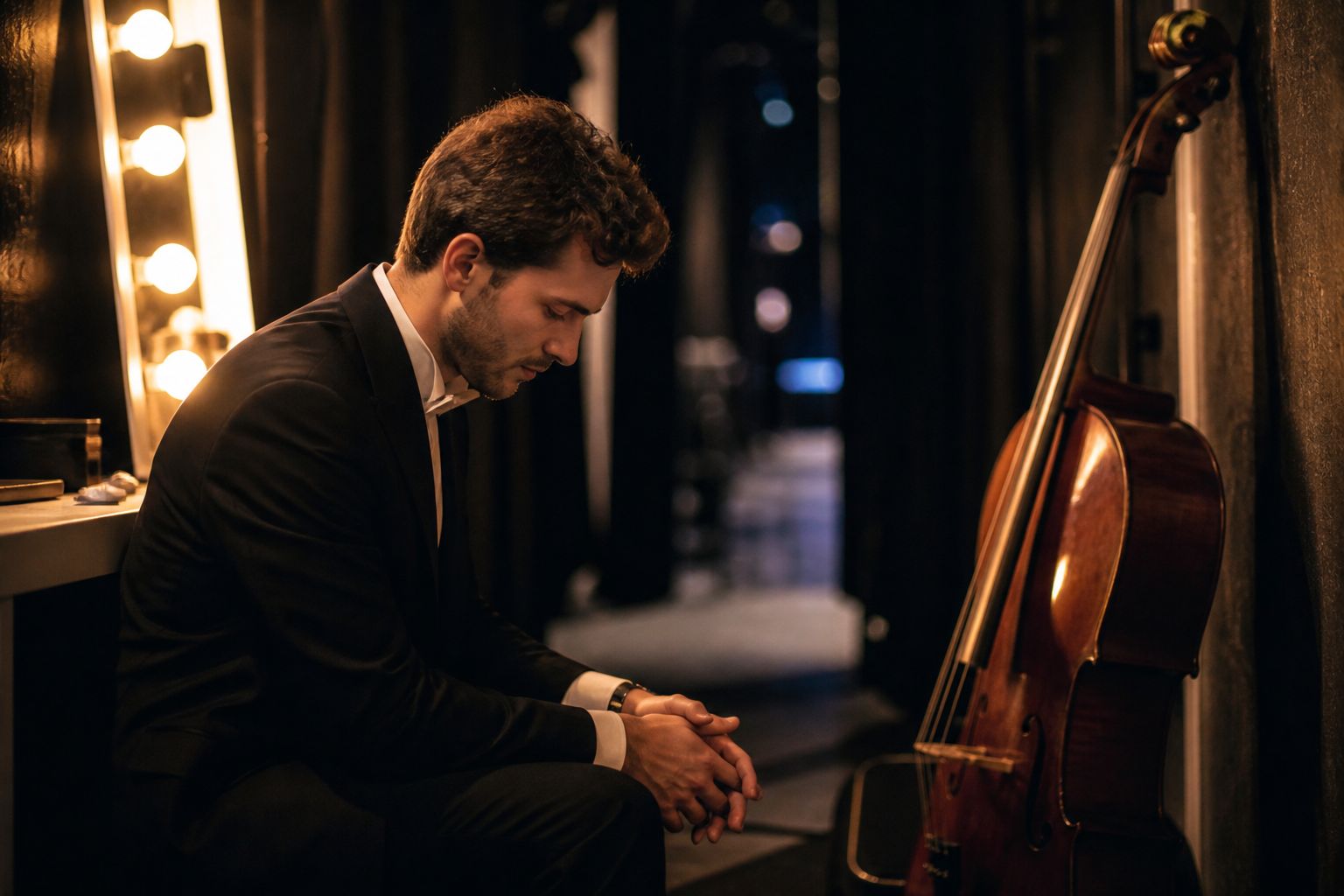 Musician sitting quietly backstage with an instrument case before performing