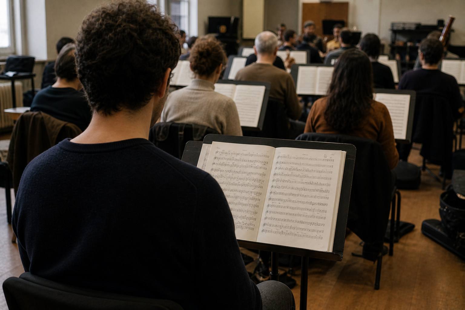 Orchestra rehearsal seen from behind one player’s stand, with the musician sitting upright and attentive.