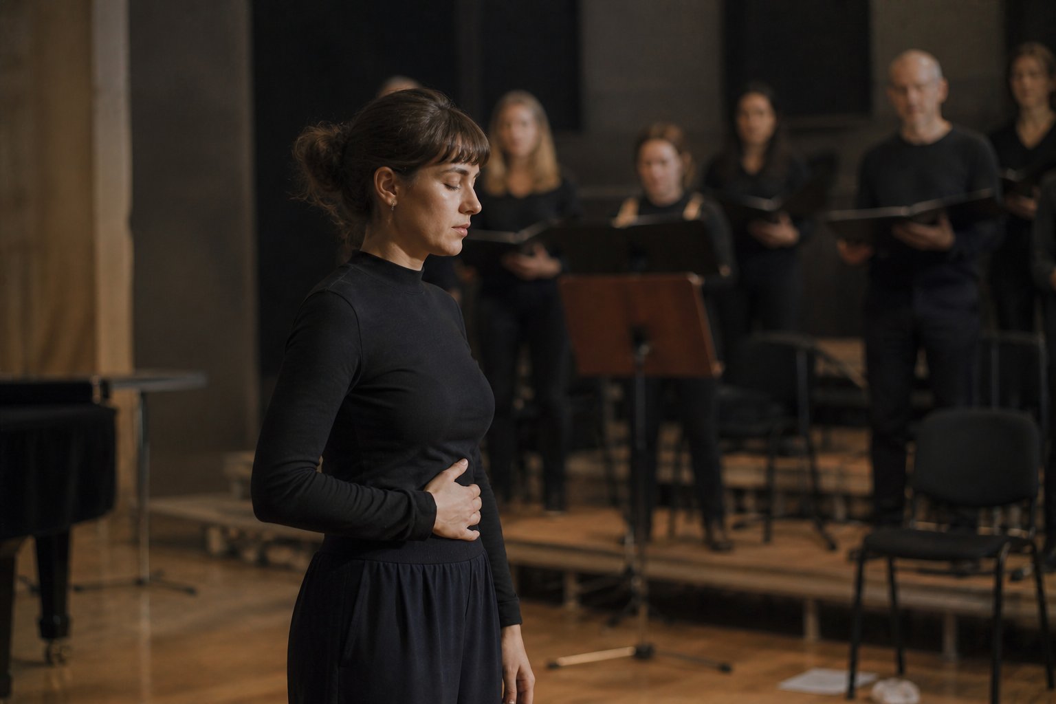 Choir singer standing quietly on stage checking breath and posture before singing.