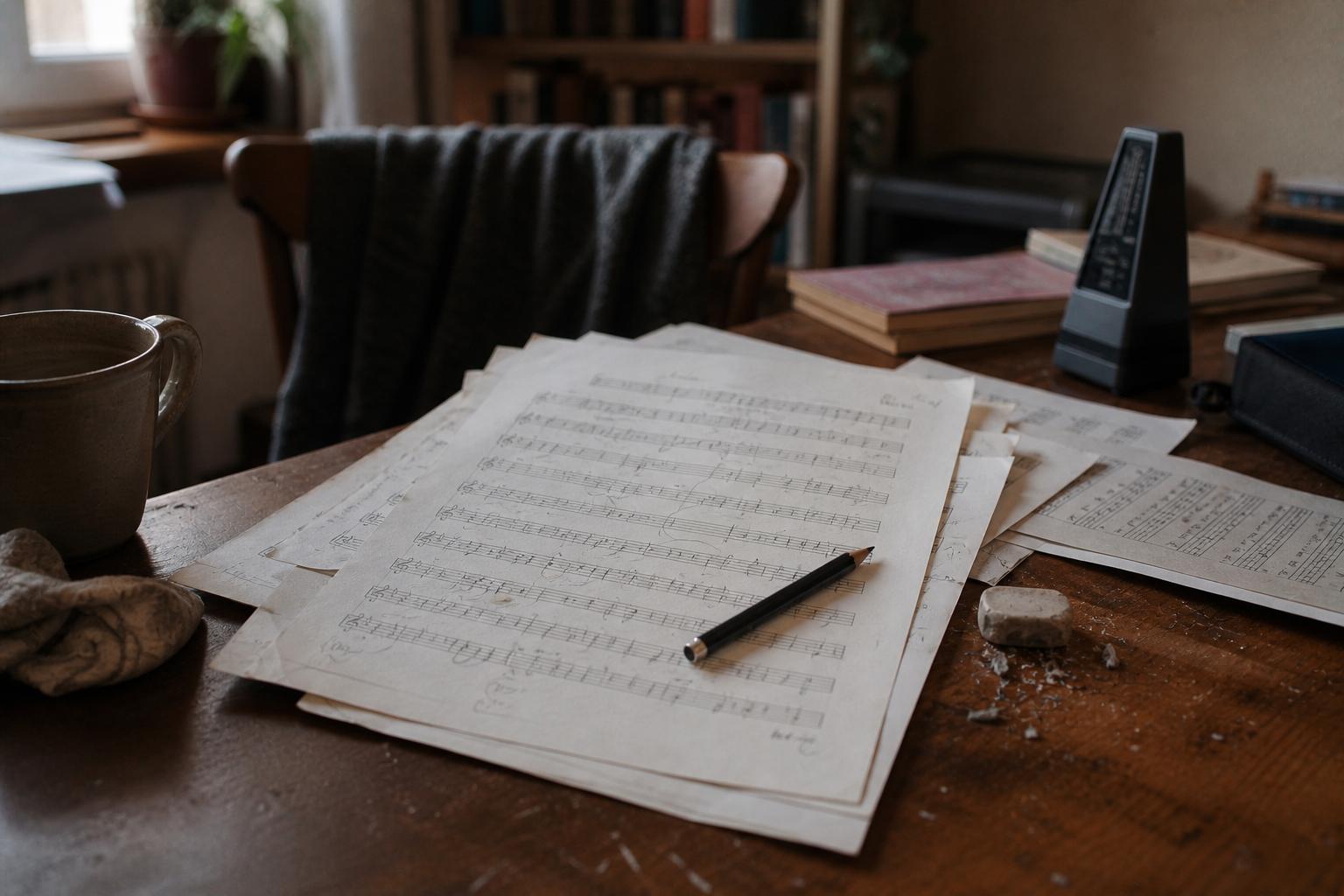 Marked sheet music and pencil resting on a table after a focused practice session.