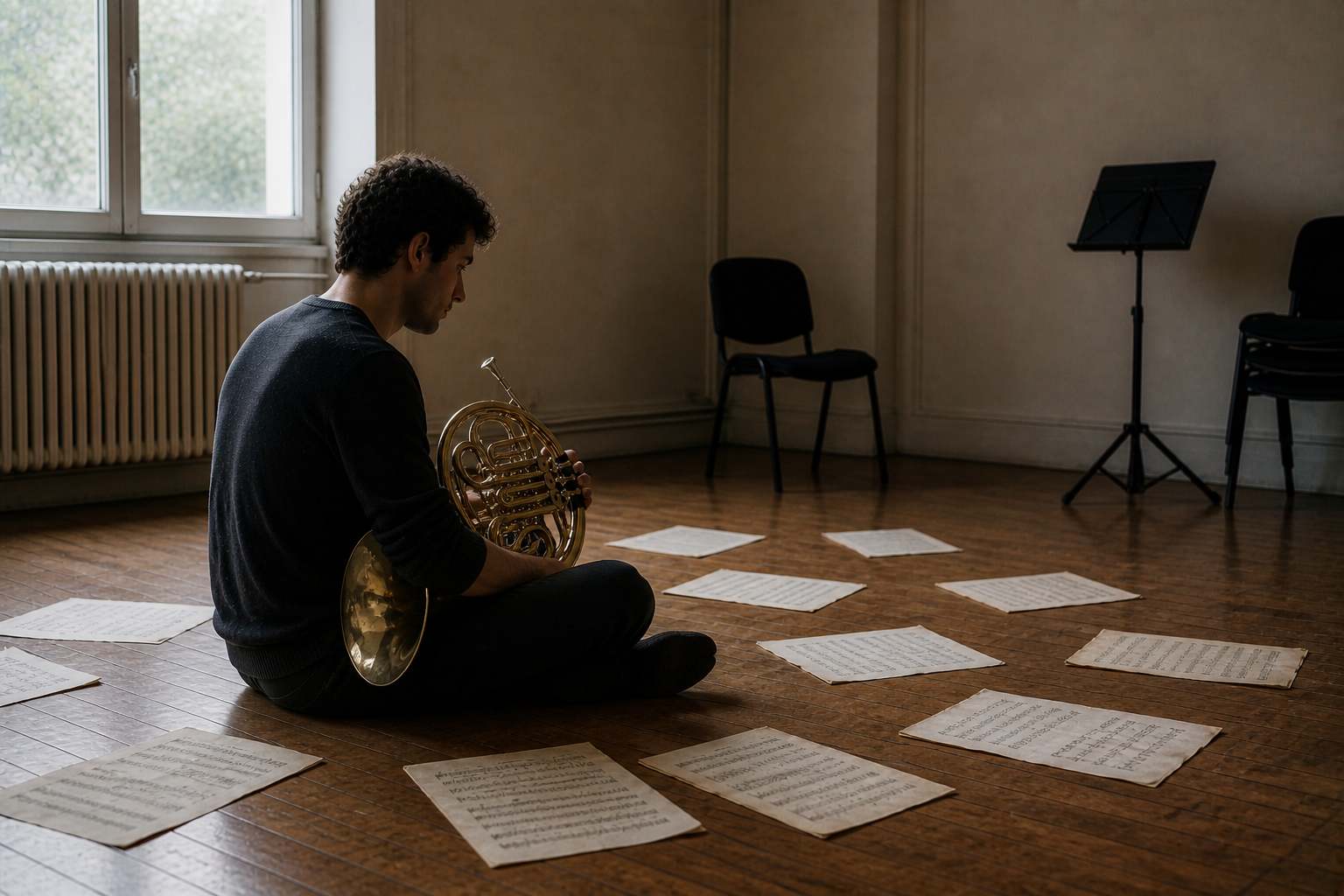 Musician sitting quietly in an empty rehearsal room before picking up their instrument