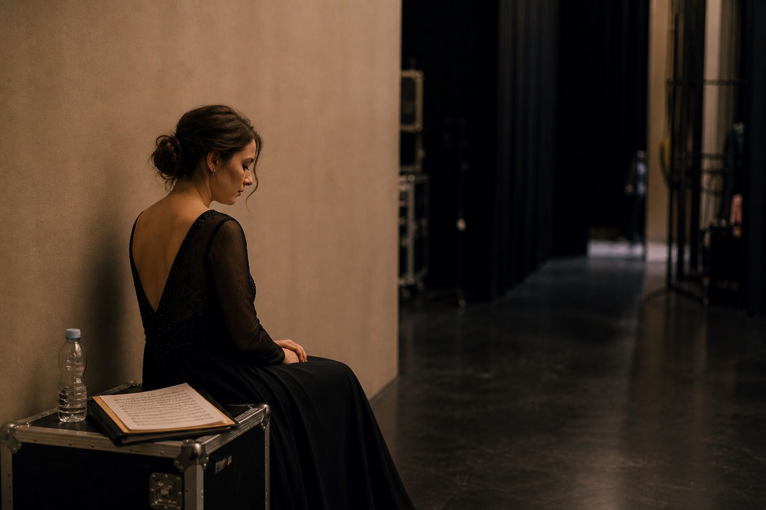 Singer sitting alone backstage case before walking on stage Singer sitting alone backstage case before walking on stage