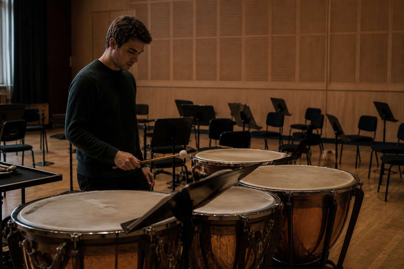 Timpanist practicing softly in an empty hall after rehearsal. Timpanist practicing softly in an empty hall after rehearsal.