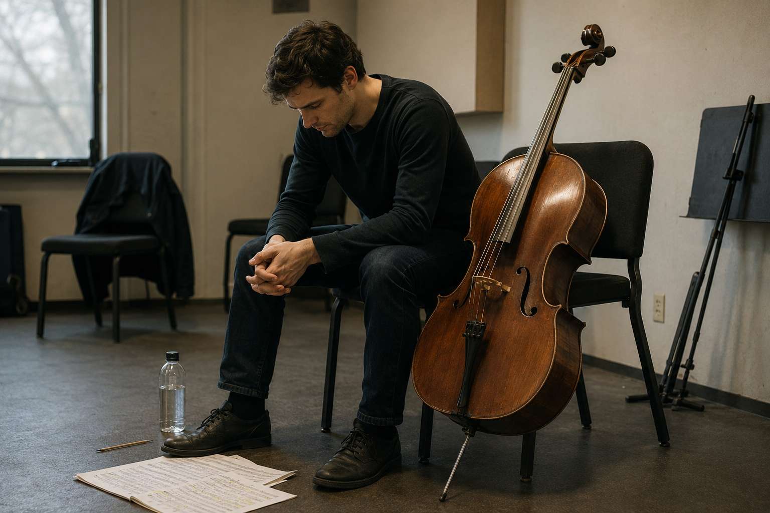 Cellist sitting alone in a practice room looking down at the floor with sheet music scattered nearby after a difficult session Cellist sitting alone in a practice room looking down at the floor with sheet music scattered nearby after a difficult session