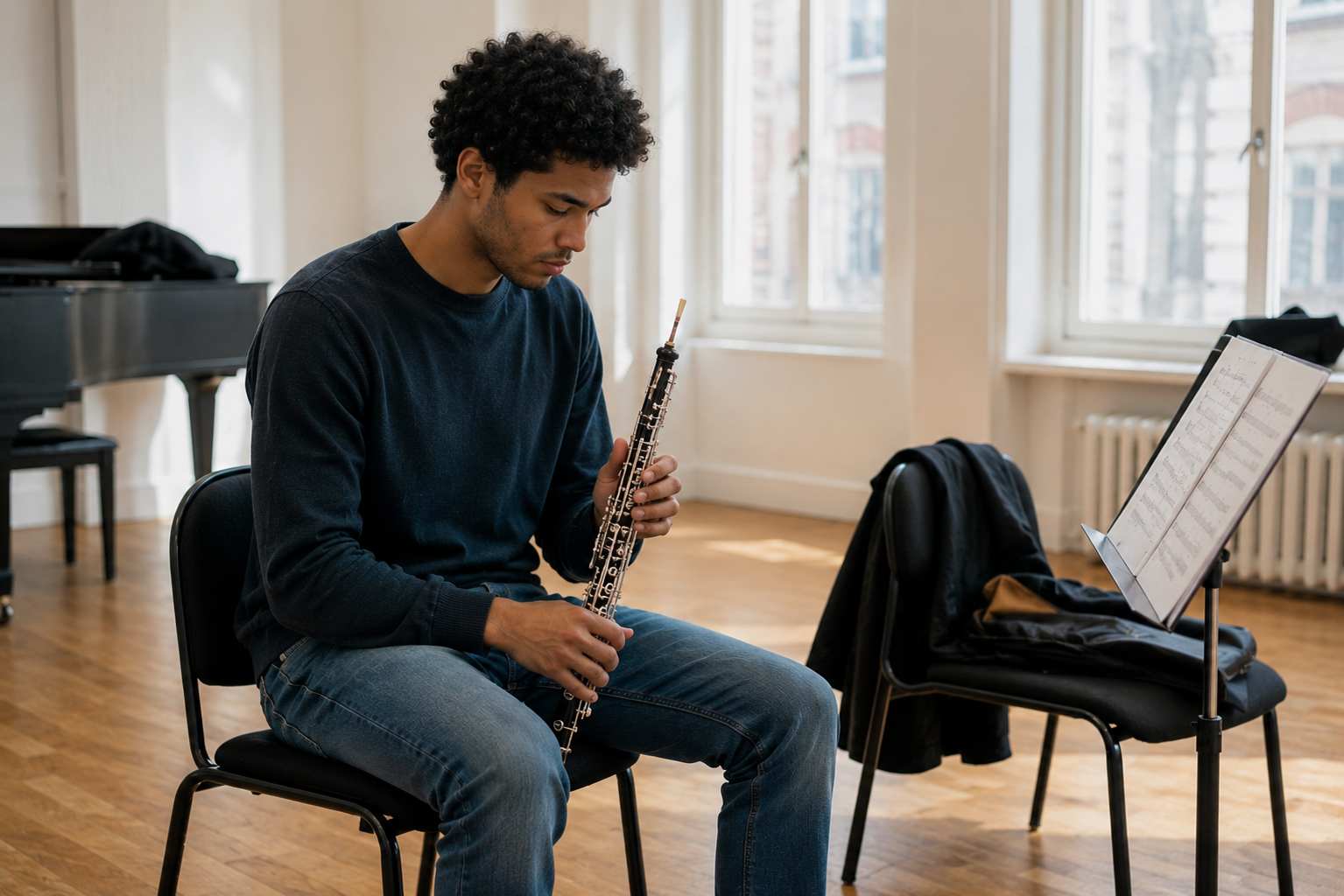 Young oboe player sitting alone in a bright practice room, looking down at the instrument during a quiet moment between rehearsals.