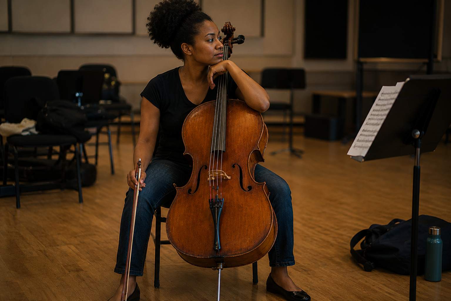 Musician resting with a cello in a quiet rehearsal room, leaning thoughtfully on the instrument beside a music stand and empty chair
