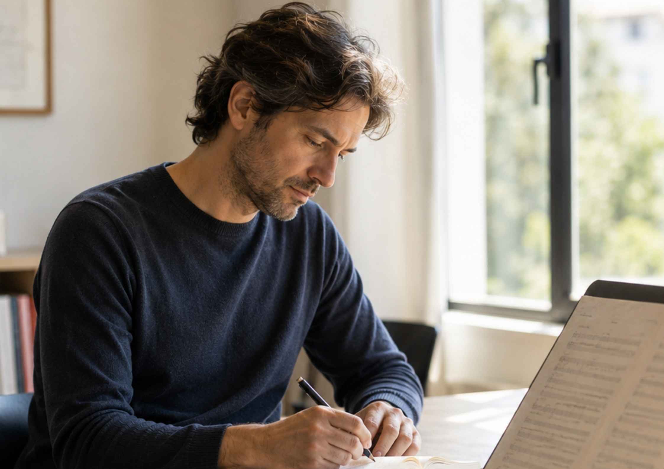 Male musician writing notes in a journal beside a music stand with an open score, sitting near a window in a rehearsal room.
