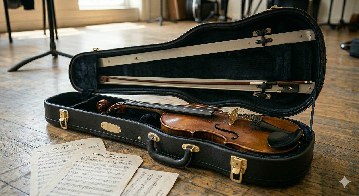 Open instrument case with marked music and practice notebook. Open instrument case with marked music and practice notebook.