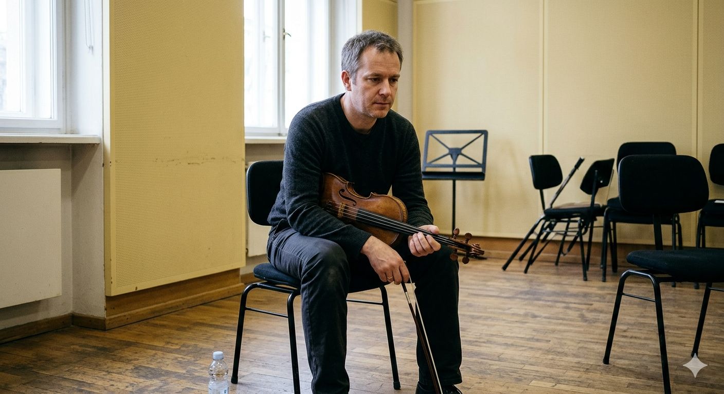 Classical musician sitting quietly beside their instrument in a practice room. Classical musician sitting quietly beside their instrument in a practice room.