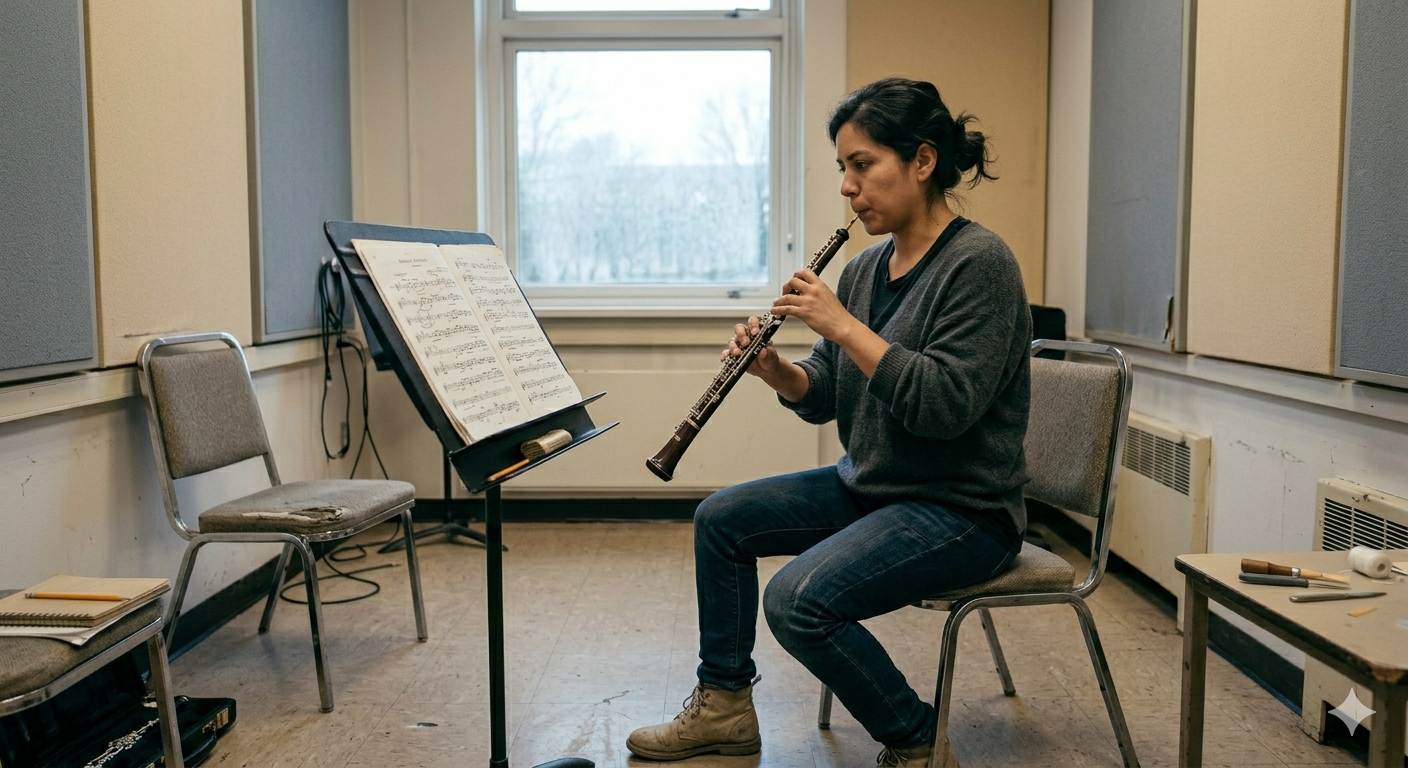 Musician practicing alone with marked-up sheet music. Musician practicing alone with marked-up sheet music.