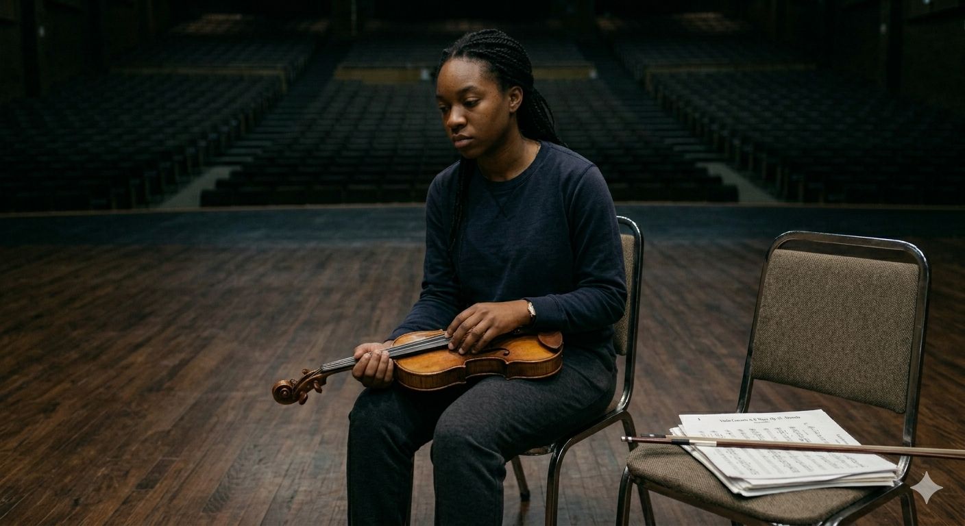 Violinist sitting quietly backstage before an audition. Violinist sitting quietly backstage before an audition.