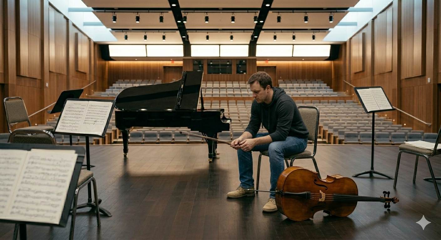 Classical musician reflecting during a rehearsal break. Classical musician reflecting during a rehearsal break.
