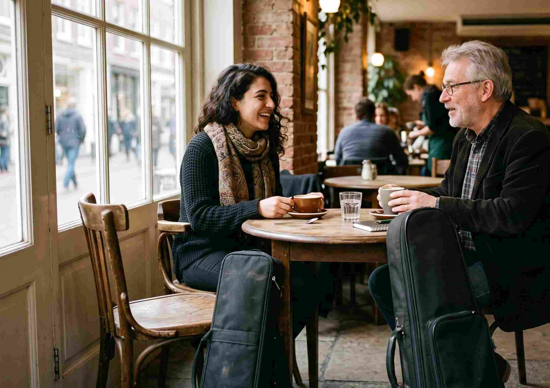 Musician talking with a colleague over coffee, instrument cases resting against the table.