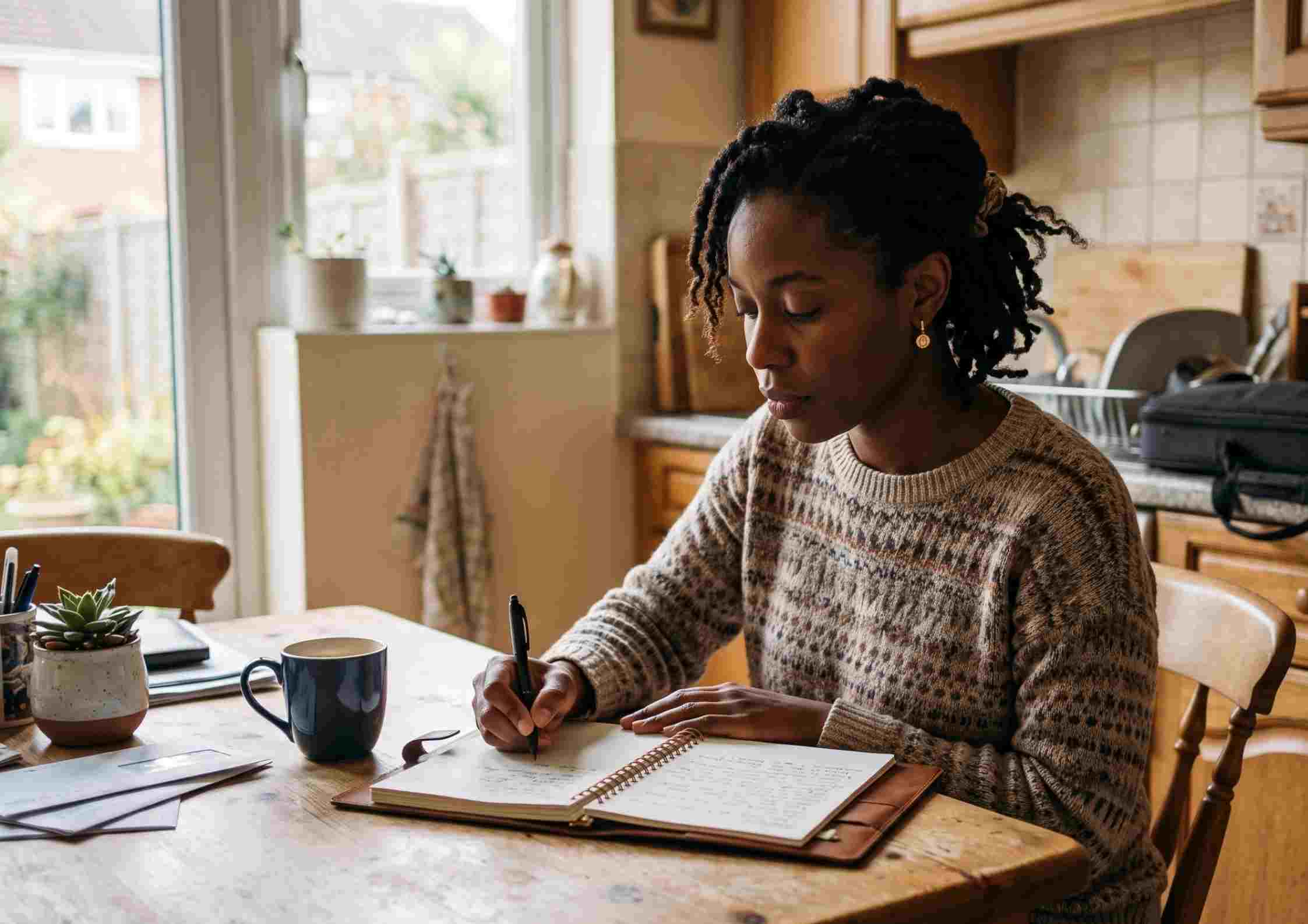 Musician journaling at a kitchen table with their instrument visible in the background, everyday domestic setting.