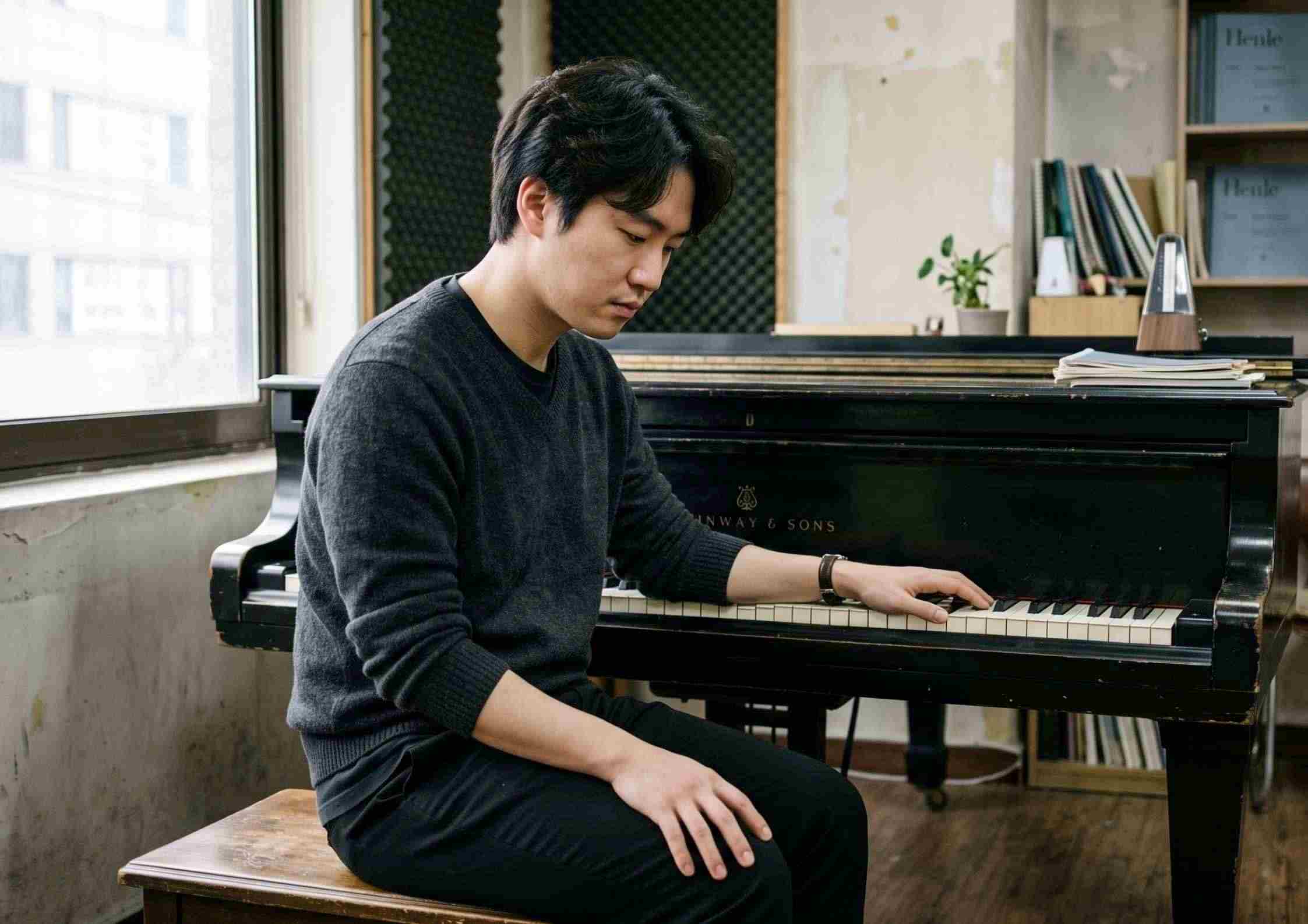 A pianist sitting at the piano without playing, one hand resting on the keys, looking down. A pianist sitting at the piano without playing, one hand resting on the keys, looking down.