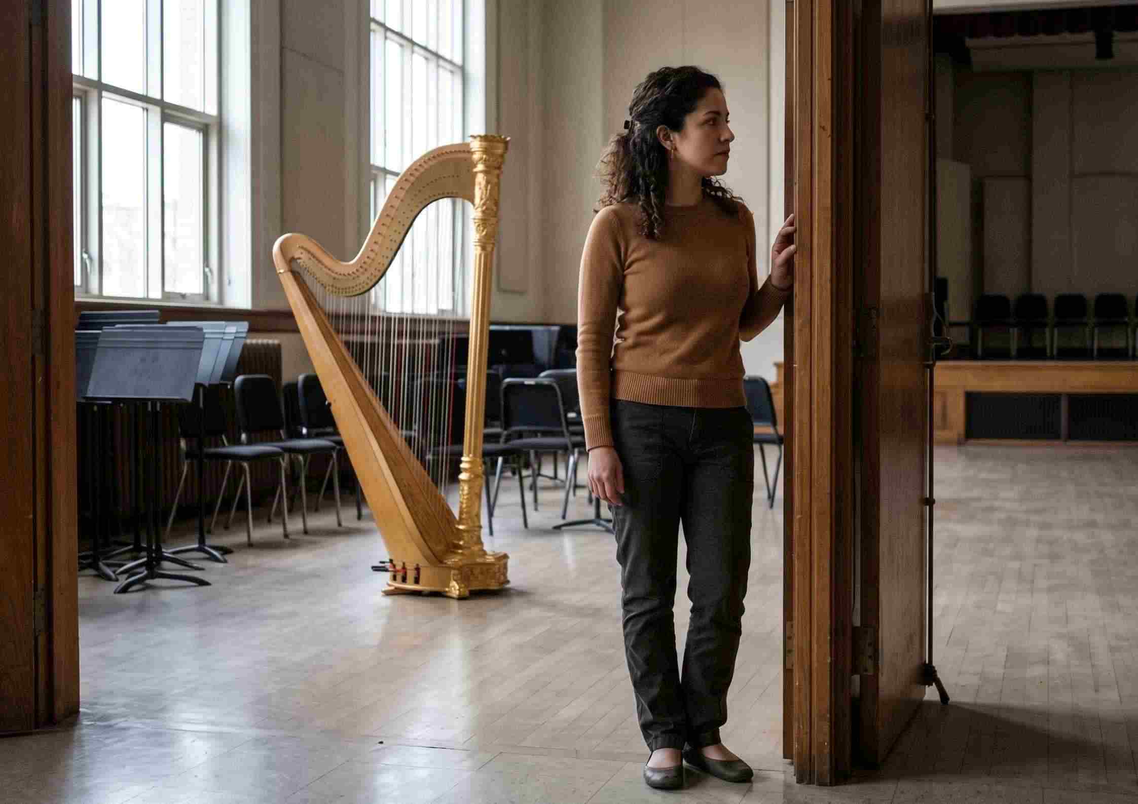 A harpist standing in the doorway of an empty rehearsal hall on the first day back, her harp visible in the room. A harpist standing in the doorway of an empty rehearsal hall on the first day back, her harp visible in the room.